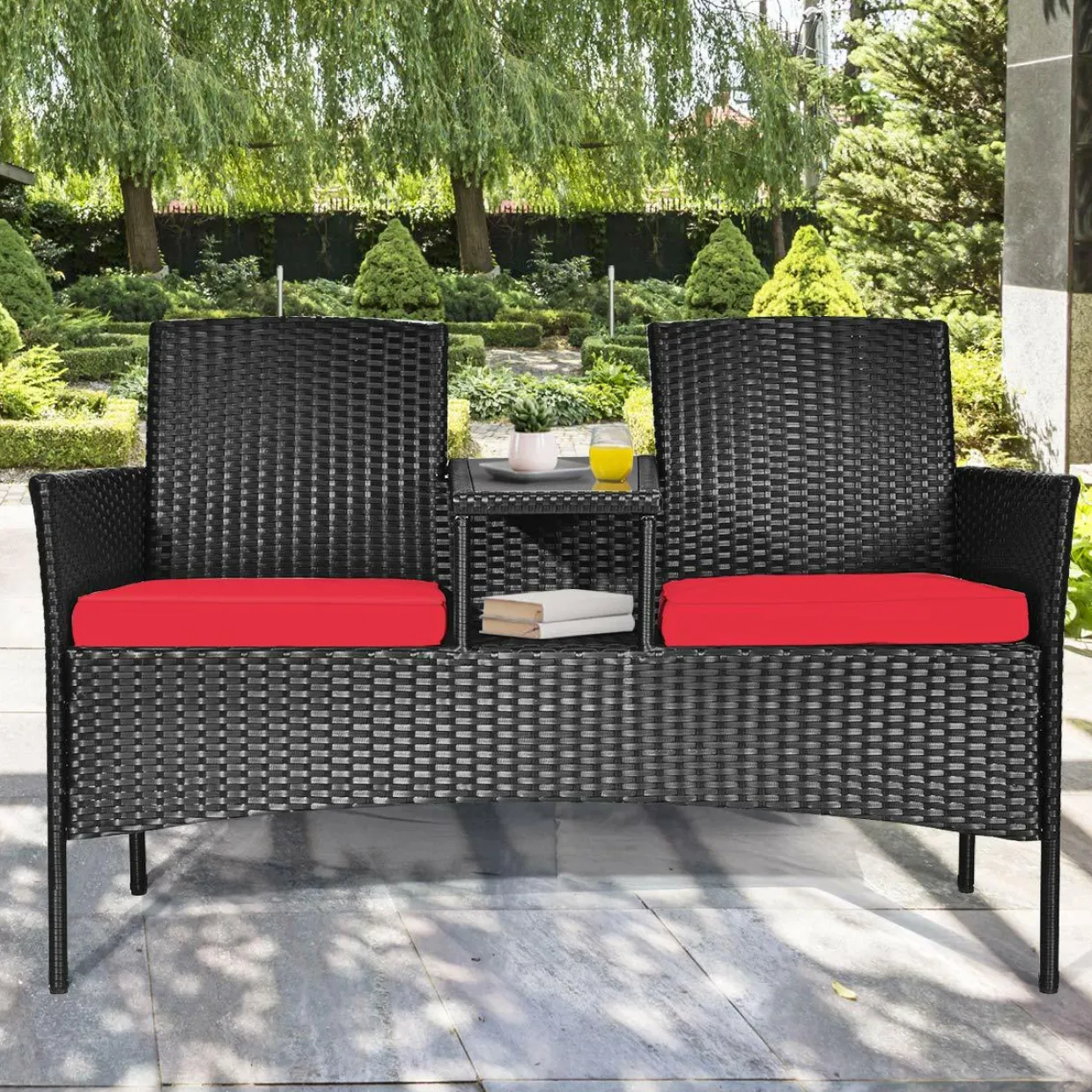 Wicker Patio Conversation Furniture Set with Removable Cushions & Table for Garden Lawn Backyard