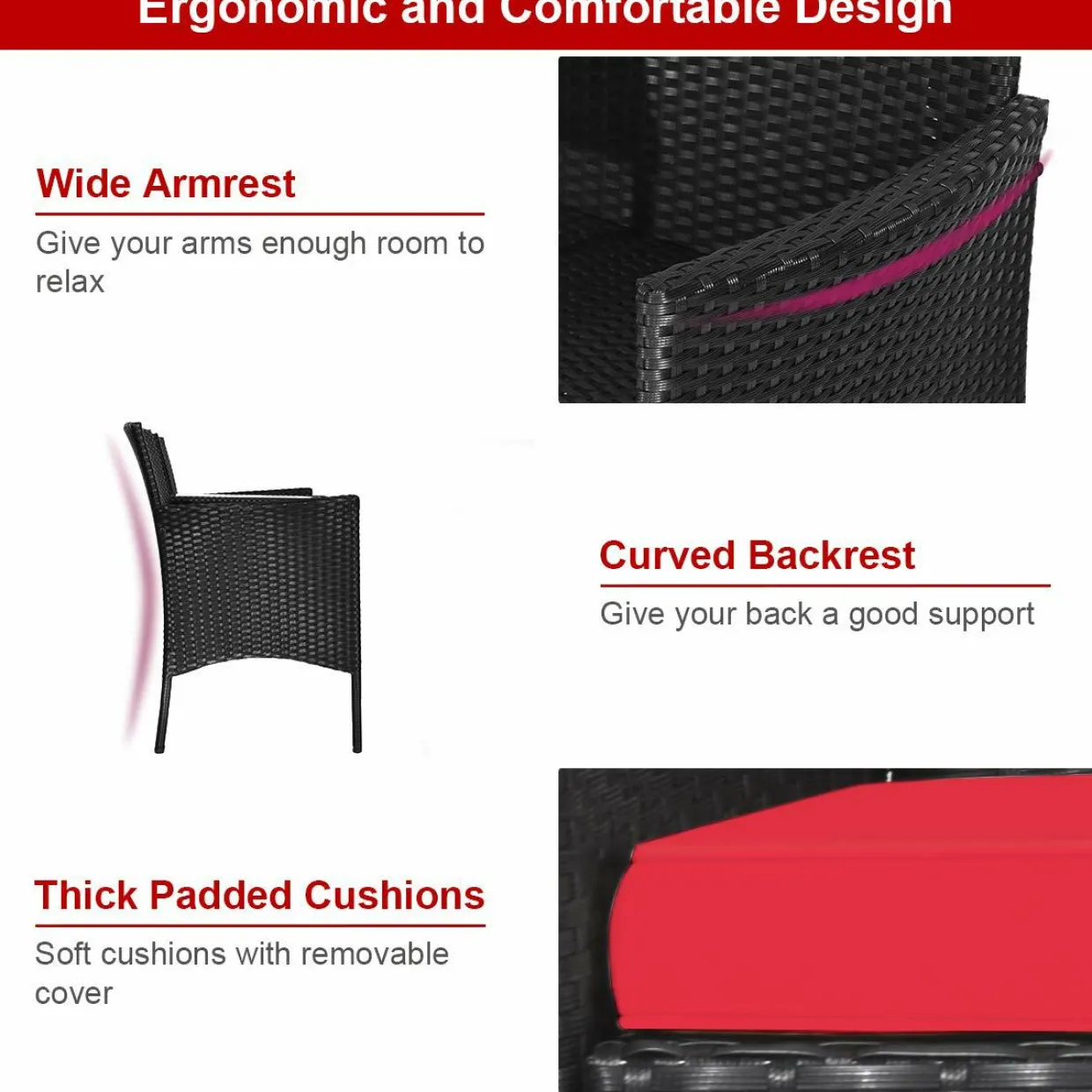 Wicker Patio Conversation Furniture Set with Removable Cushions & Table for Garden Lawn Backyard