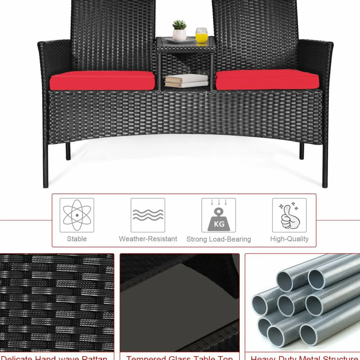 Wicker Patio Conversation Furniture Set with Removable Cushions & Table for Garden Lawn Backyard