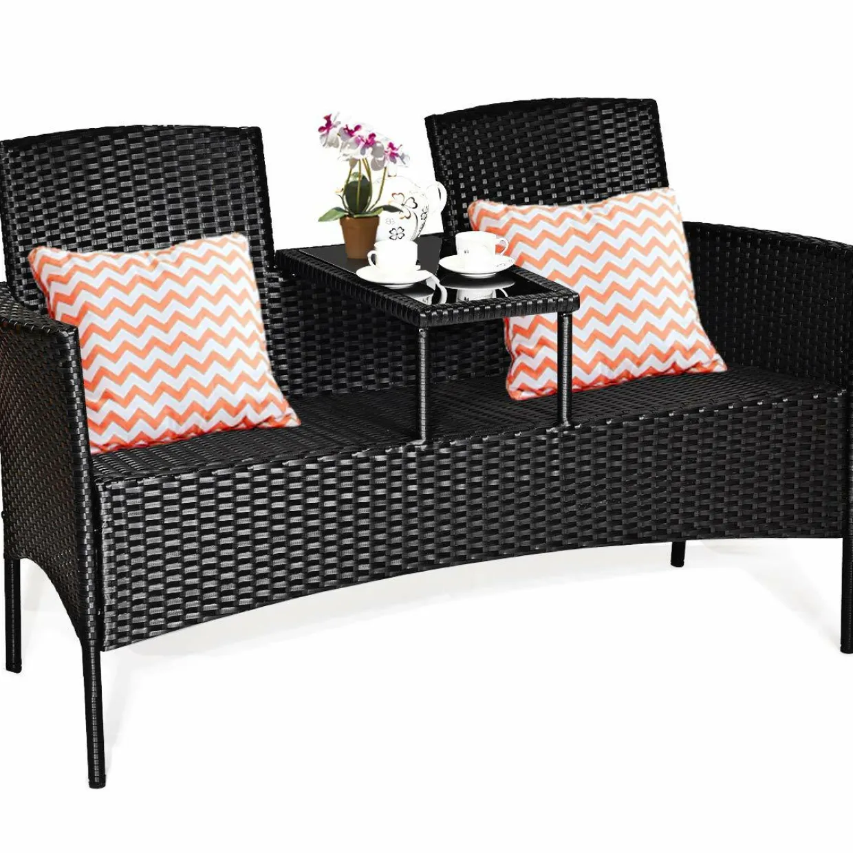 Wicker Patio Conversation Furniture Set with Removable Cushions & Table for Garden Lawn Backyard