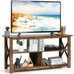 Wood TV Stand with Open Shelves and X-Shaped Frame, 3 Tier Entertainment Center for 55-Inch TV