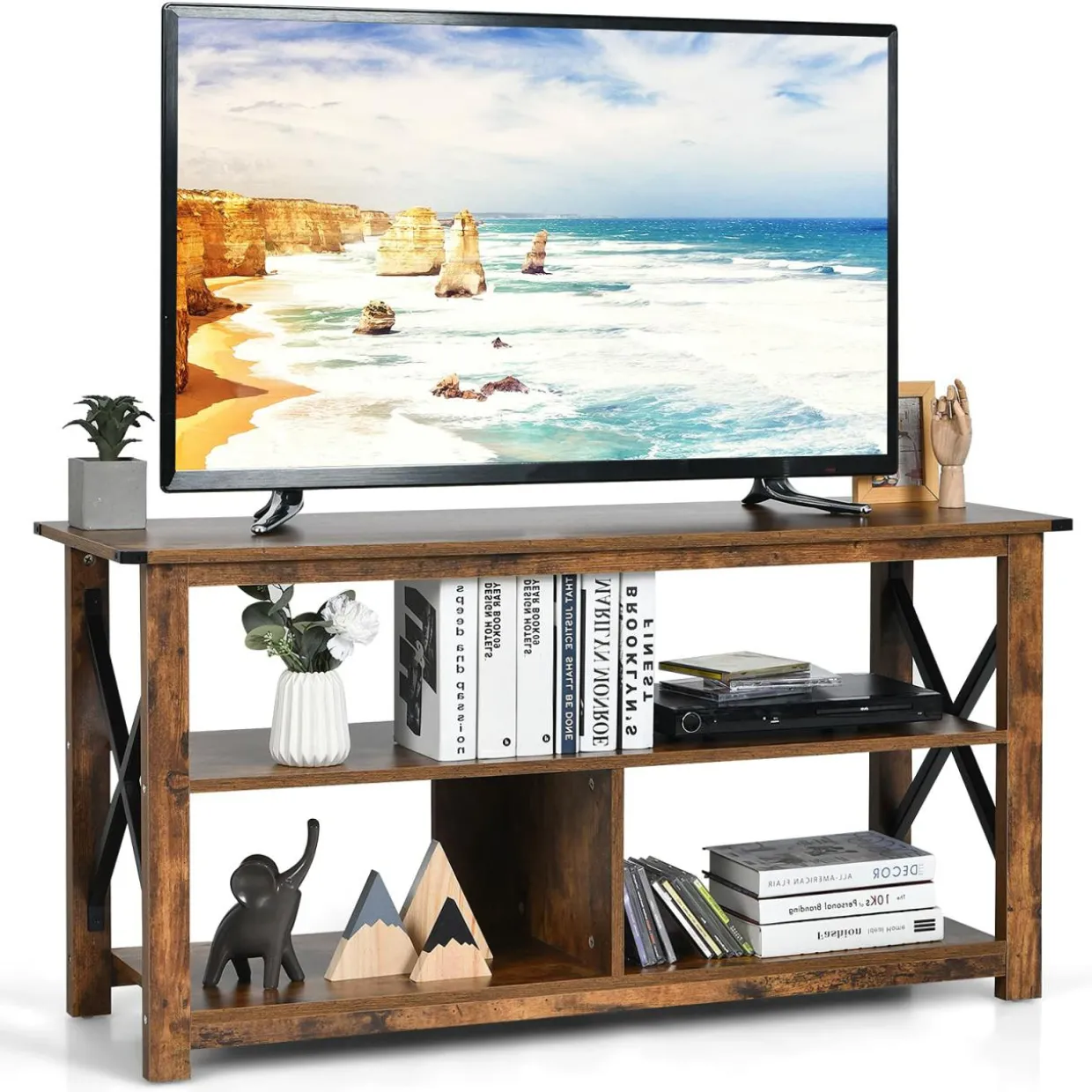 Wood TV Stand with Open Shelves and X-Shaped Frame, 3 Tier Entertainment Center for 55-Inch TV