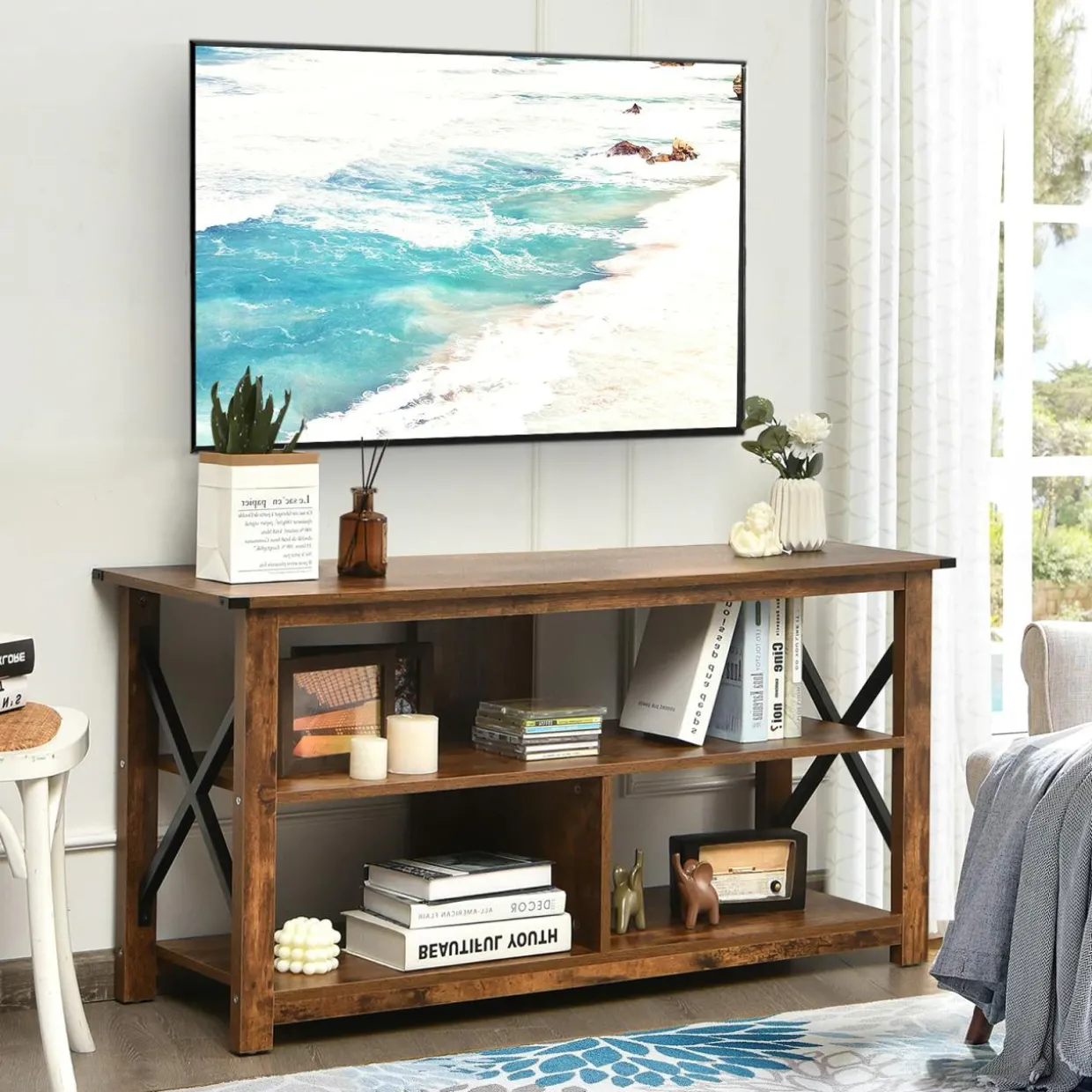 Wood TV Stand with Open Shelves and X-Shaped Frame, 3 Tier Entertainment Center for 55-Inch TV