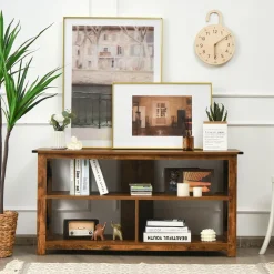 Wood TV Stand with Open Shelves and X-Shaped Frame, 3 Tier Entertainment Center for 55-Inch TV