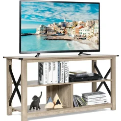 Wood TV Stand with Open Shelves and X-Shaped Frame, 3 Tier Entertainment Center for 55-Inch TV