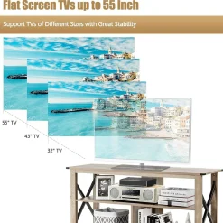 Wood TV Stand with Open Shelves and X-Shaped Frame, 3 Tier Entertainment Center for 55-Inch TV