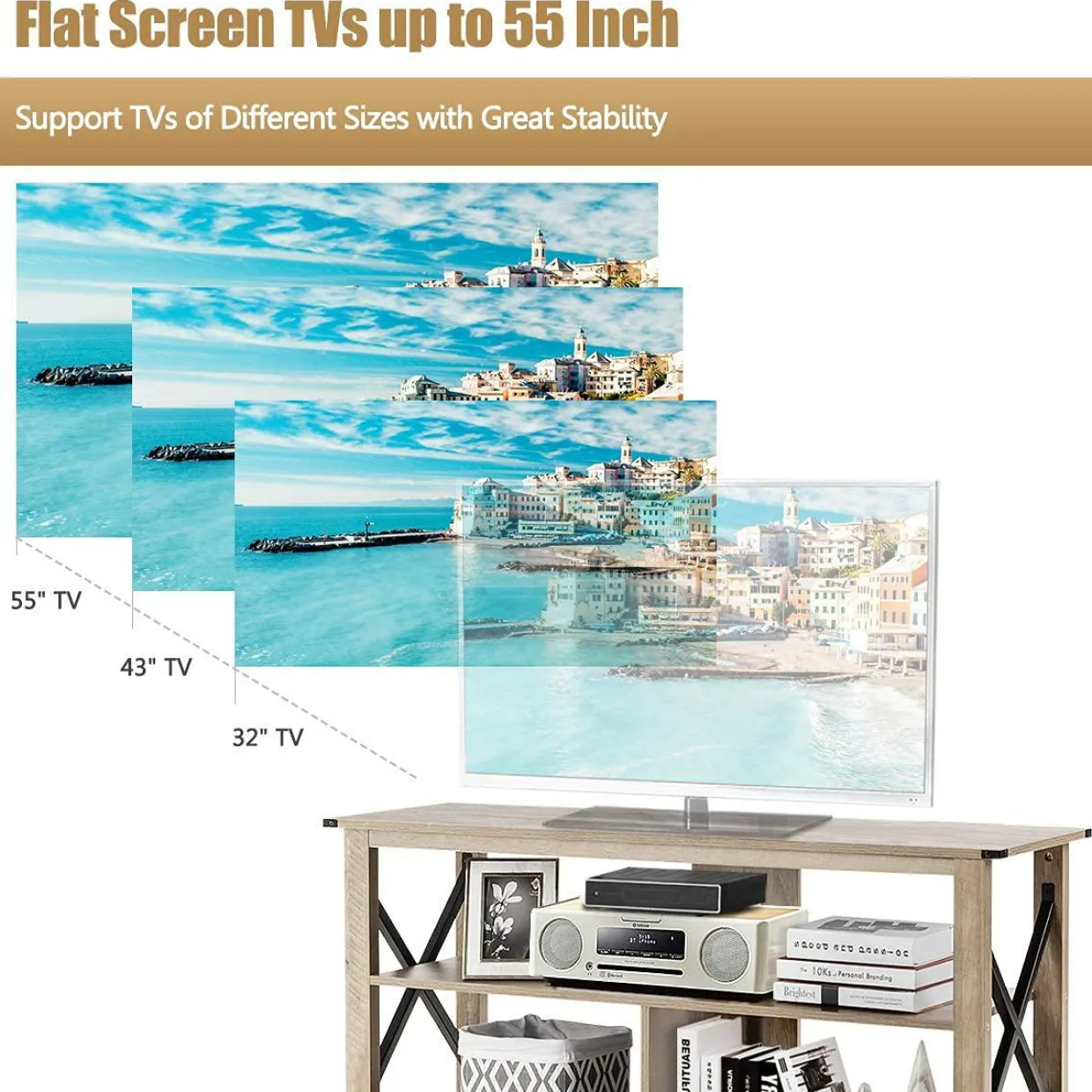 Wood TV Stand with Open Shelves and X-Shaped Frame, 3 Tier Entertainment Center for 55-Inch TV