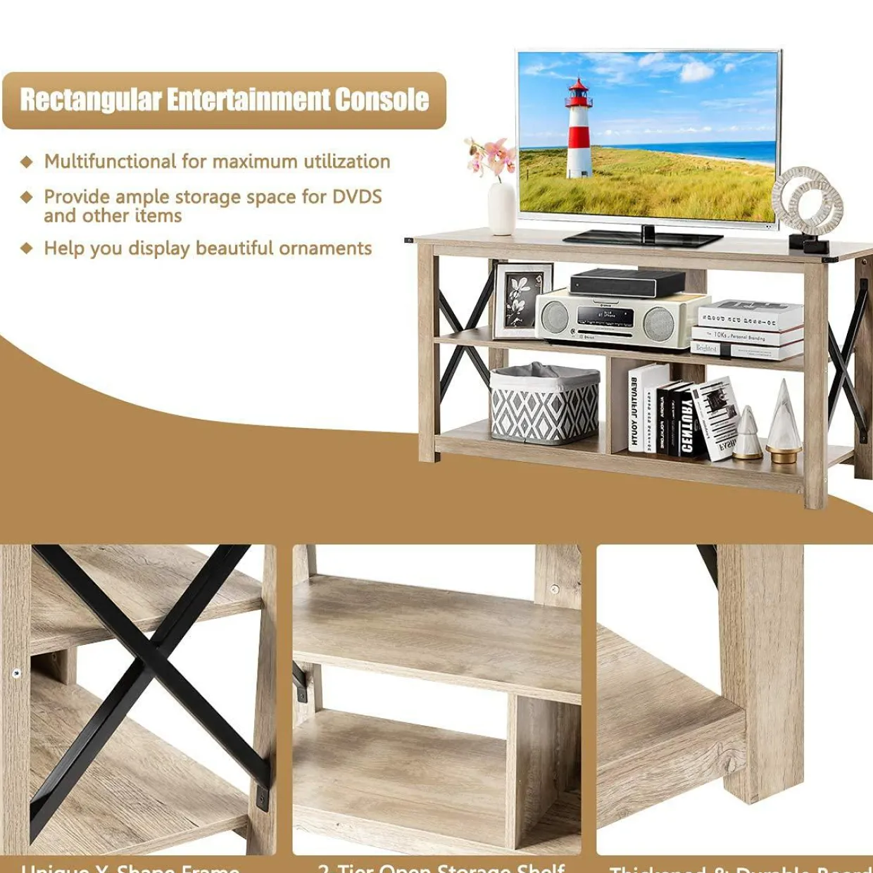 Wood TV Stand with Open Shelves and X-Shaped Frame, 3 Tier Entertainment Center for 55-Inch TV