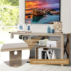 Wood TV Stand with Open Shelves and X-Shaped Frame, 3 Tier Entertainment Center for 55-Inch TV