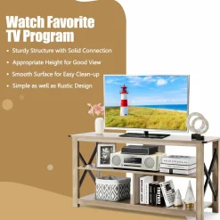 Wood TV Stand with Open Shelves and X-Shaped Frame, 3 Tier Entertainment Center for 55-Inch TV