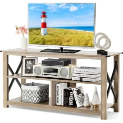 Wood TV Stand with Open Shelves and X-Shaped Frame, 3 Tier Entertainment Center for 55-Inch TV