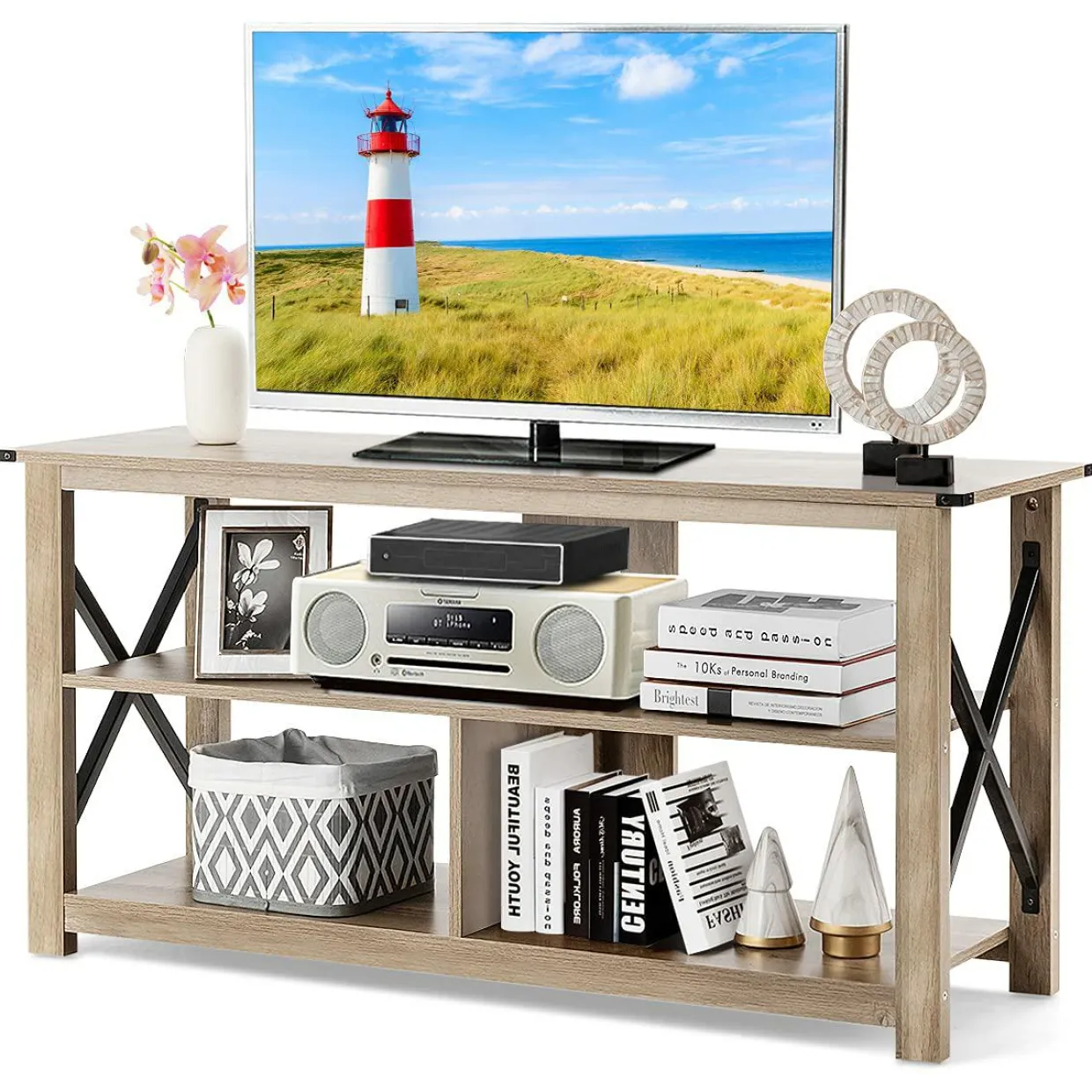 Wood TV Stand with Open Shelves and X-Shaped Frame, 3 Tier Entertainment Center for 55-Inch TV