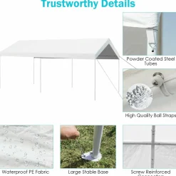 10 x 20 Feet Carport, Waterproof Car Canopy with 6 Steel Legs, Ball Bungees & Wind Rope