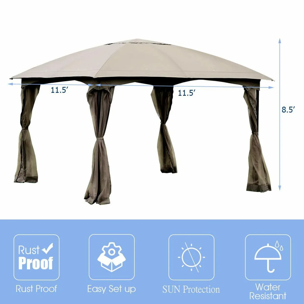 11.5 x 11.5 Feet Large Outdoor Gazebo, Fully Enclosed Canopy Gazebo with Netting