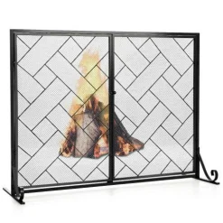 44.5 x 33.5 Inch Double-Door Fireplace Screen, 2-Panel Large Flat Wrought Metal Fire Spark Guard Gate Cover for Home