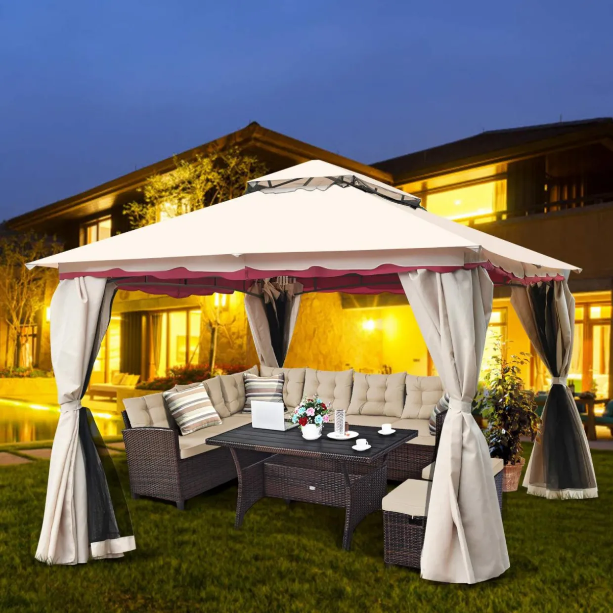 13x10 Feet Patio Gazebo, Outdoor Steel Gazebo with Mesh Netting and Privacy Side Walls