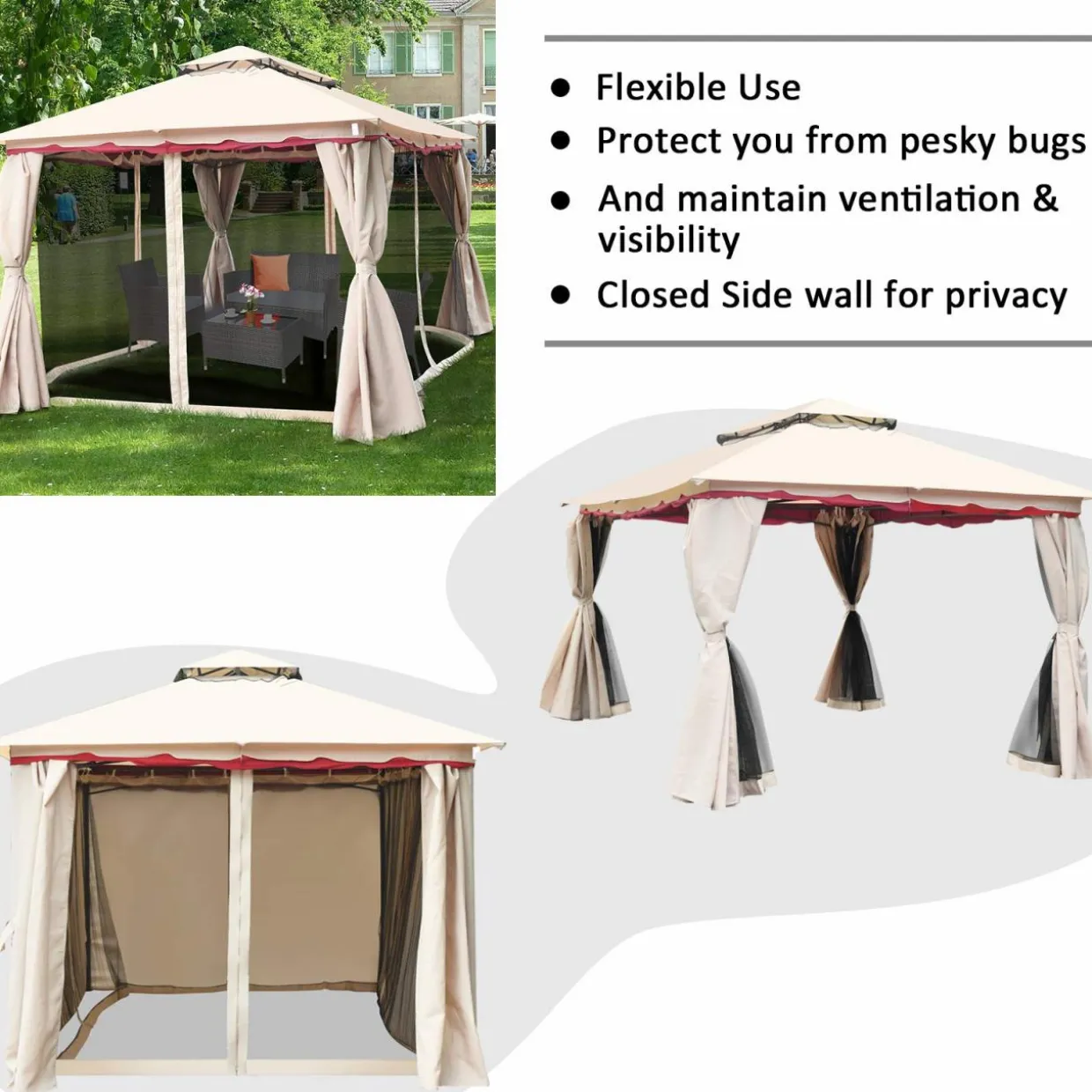 13x10 Feet Patio Gazebo, Outdoor Steel Gazebo with Mesh Netting and Privacy Side Walls