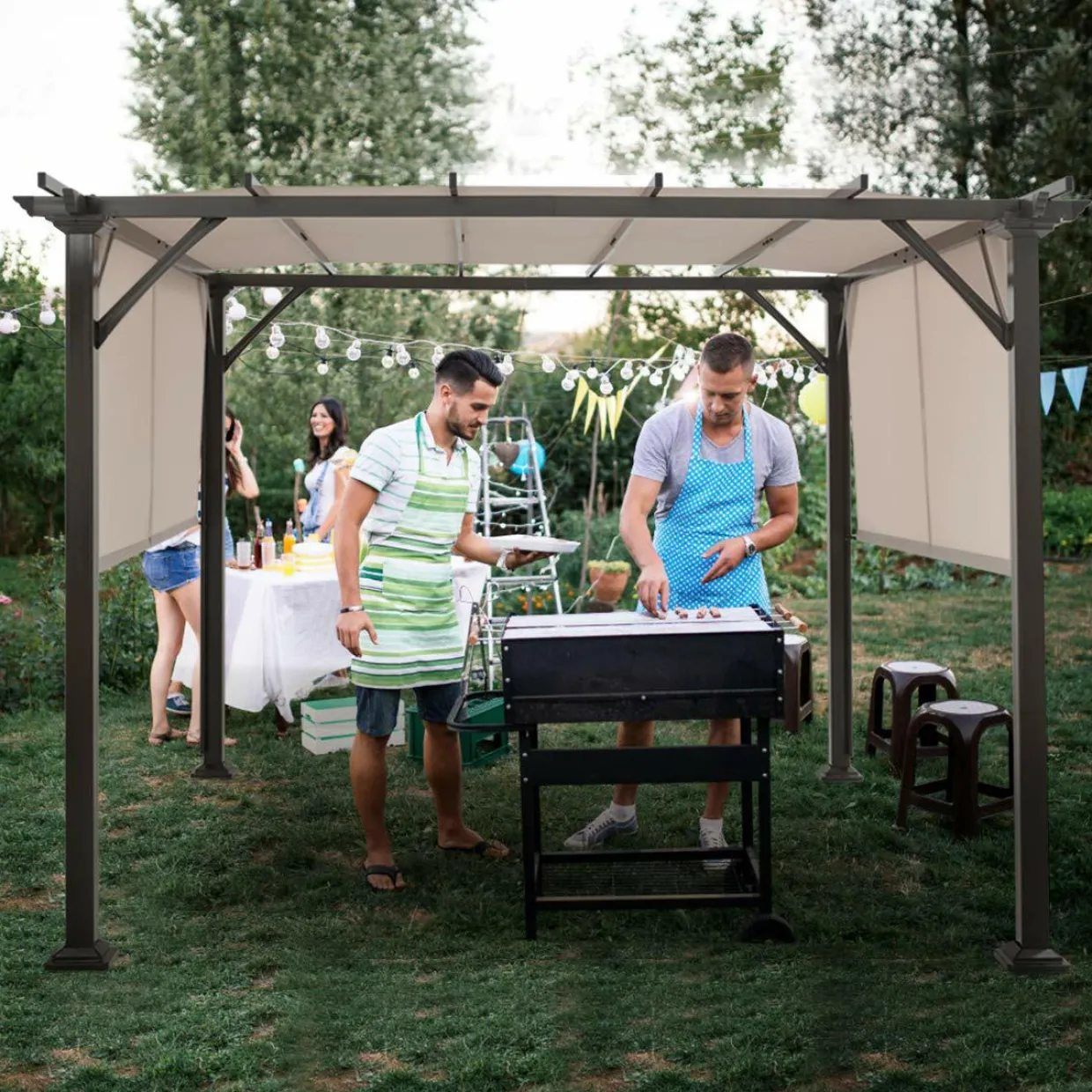 10 X 10FT Outdoor Pergola, Patio Furniture Shade Structure, Outdoor Steel Pergola Gazebo with Retractable Canopy Shades