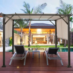 10 X 10FT Outdoor Pergola, Patio Furniture Shade Structure, Outdoor Steel Pergola Gazebo with Retractable Canopy Shades
