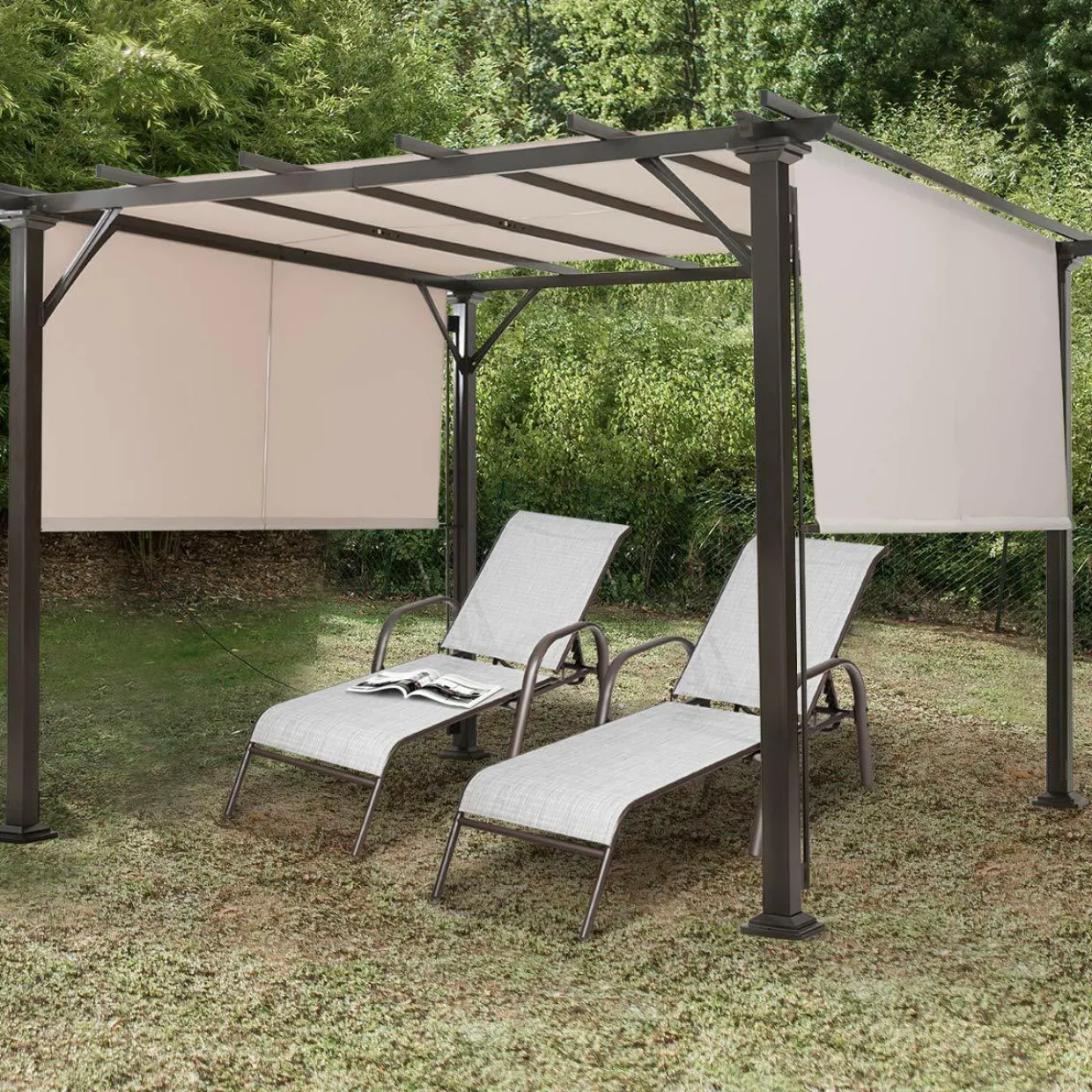 10 X 10FT Outdoor Pergola, Patio Furniture Shade Structure, Outdoor Steel Pergola Gazebo with Retractable Canopy Shades