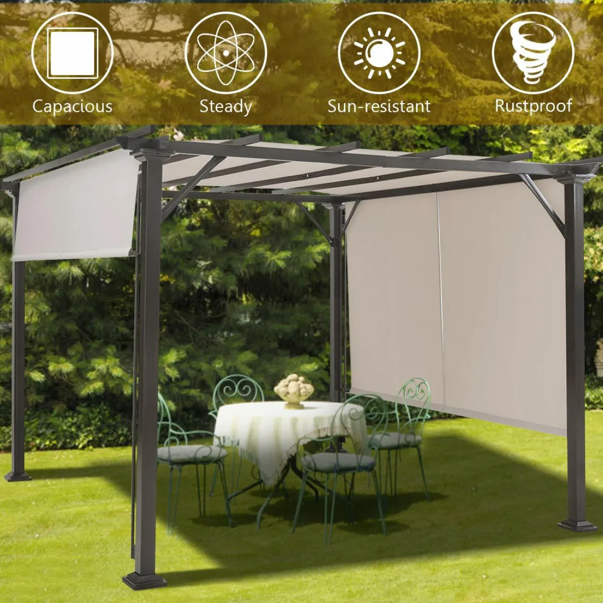 10 X 10FT Outdoor Pergola, Patio Furniture Shade Structure, Outdoor Steel Pergola Gazebo with Retractable Canopy Shades