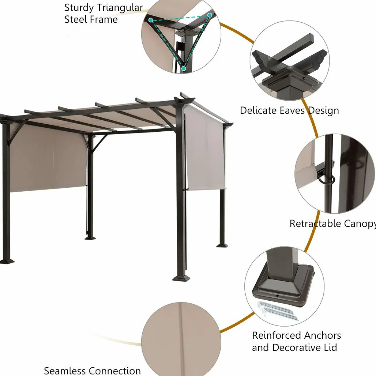 10 X 10FT Outdoor Pergola, Patio Furniture Shade Structure, Outdoor Steel Pergola Gazebo with Retractable Canopy Shades